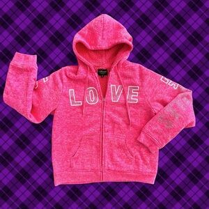 Y2k Hot Pink “Love” Bedazzled Fleece-Lined Zip-Up Jacket ~ Size Large